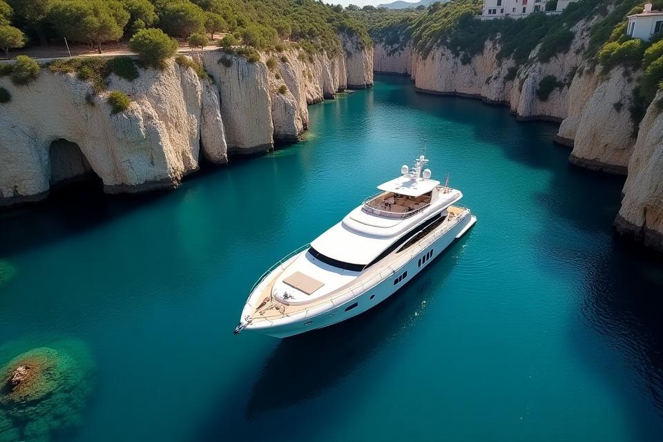 Sleek yacht Azure cruising at sunset